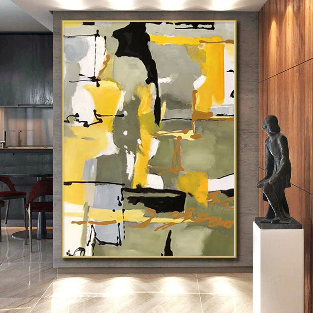 “Yellow - Grey Abstract Dynamic Shapes” - Lively Abstract Painting On Canvas PS0344