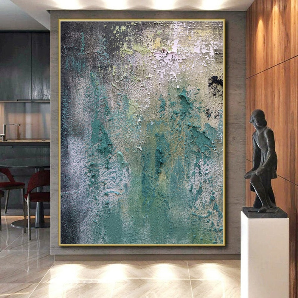 “Teal - Green Textured Wall - like” - Teal, Green, Gray Abstract Textured Painting On Canvas PS0578