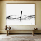 “Black and White Silhouette Beach Scene” - Monochromatic Figurative Painting On Canvas PT114