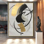 “Black - Gold Abstract Circular Shapes” - Minimalist Abstract Painting On Canvas PS0293