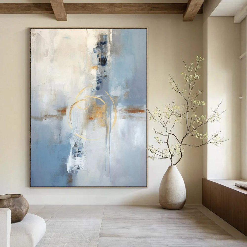 Blue, White, Gold with Abstract Forms "Golden Abstraction" Abstract Painting On Canvas PS1333