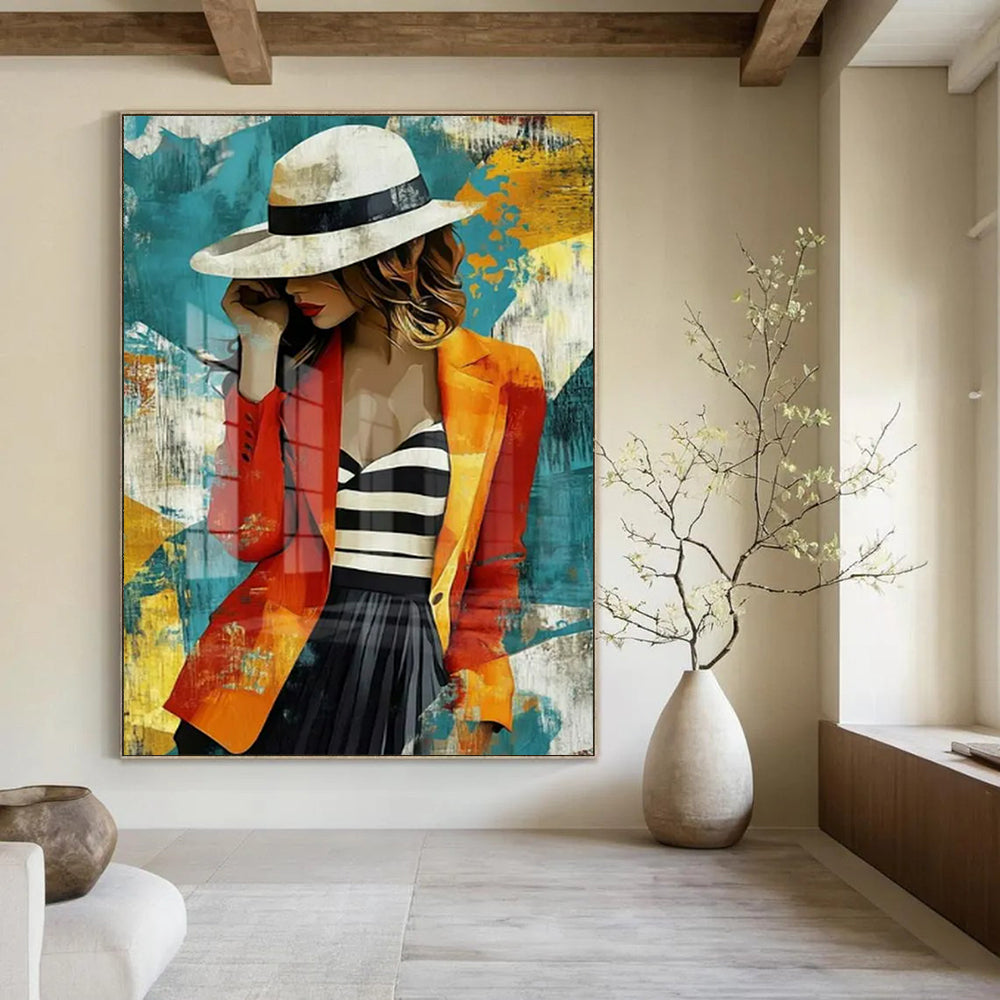 “Stylish Woman in Colorful Abstract Background” - Pop - Art Inspired Painting On Canvas PT2191