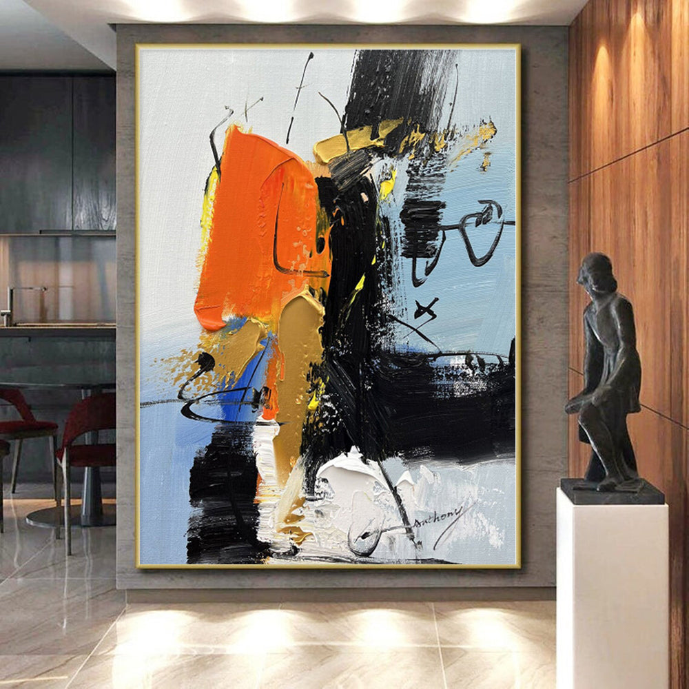 “Orange - Black Bold Abstraction” - Orange, Black, Gold Abstract Painting On Canvas PS0486