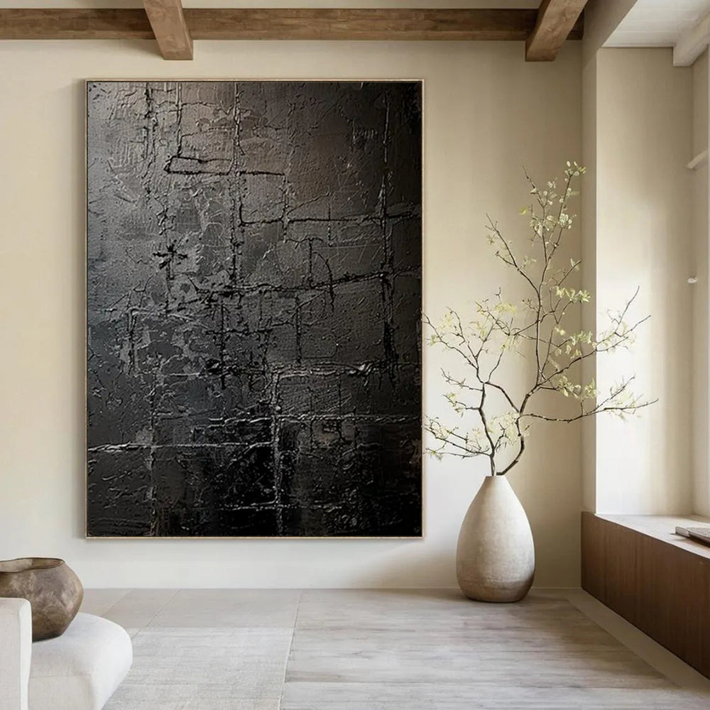 “Dark Gray Textured Grid” - Abstract Impasto Painting On Canvas PT2363