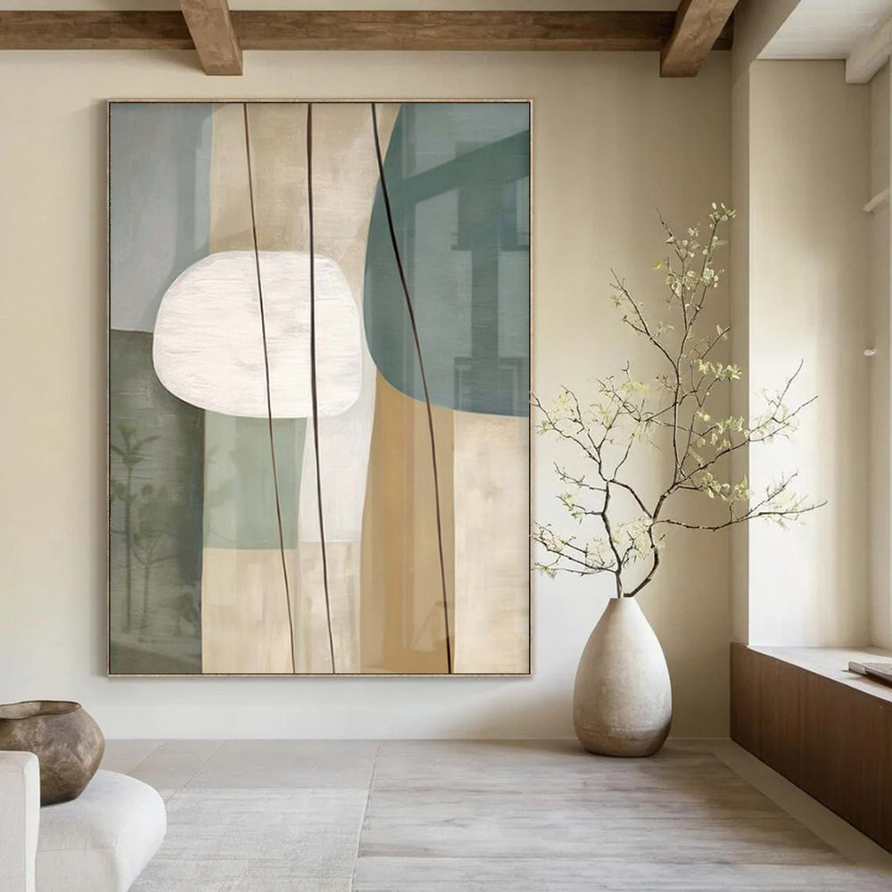 Light Green, Beige, White, and Gray Shapes "Nature's Geometry" Abstract Geometric Painting On Canvas PS1053