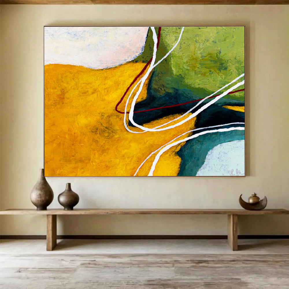 “Yellow, Green And Curved Lines Abstract” - Abstract Painting On Canvas DKS551