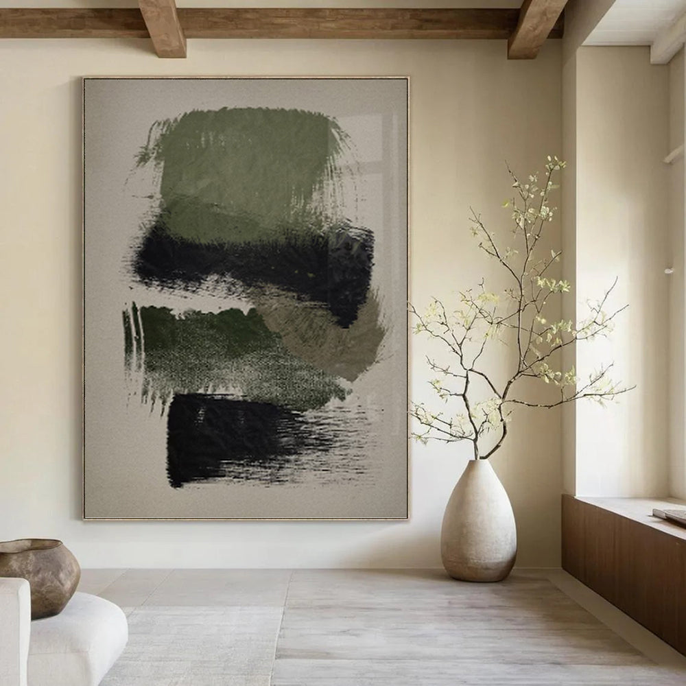 “Green - Black Abstract” - Minimalist Abstract Painting On Canvas PT1358