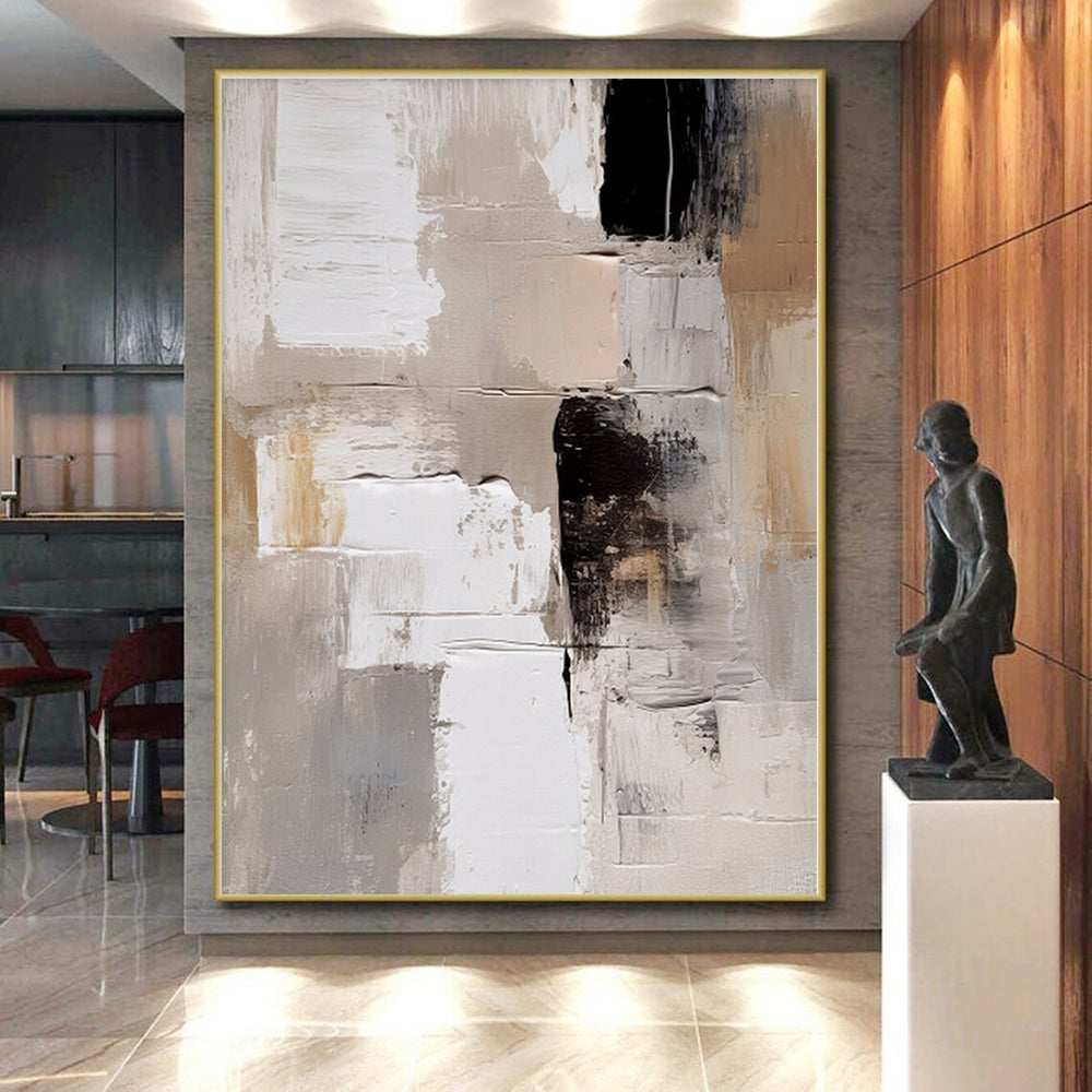 “Neutral - Black Textured Abstract” - Beige, Gray, White, Black Textured Abstract Painting On Canvas PS0442