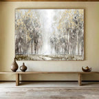 “Misty Golden Forest” - Gray, Gold & Green Landscape, Impressionistic Oil Painting On Canvas DKS737