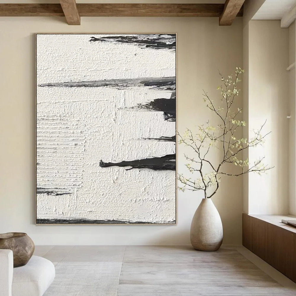 “Textured Black and White Abstract Horizons” - Layered Minimalist Painting On Canvas DS384