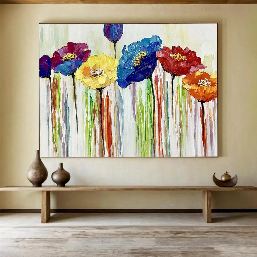 “Colorful Impasto Flowers” - Purple, Blue & Yellow Floral, Impasto Oil Painting On Canvas DKS783