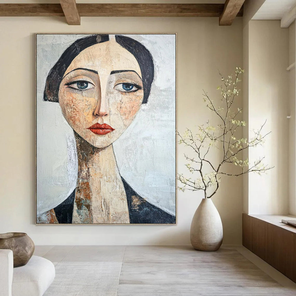“Textured Portrait in Neutral Tones” - Mixed - Media Portrait Painting On Canvas PT2218