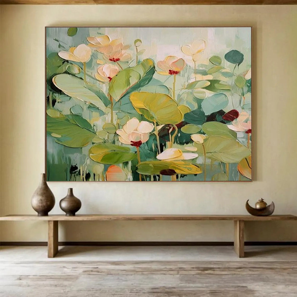 “Pastel - Toned Lotus Blooms” - Impressionistic Oil Painting on Canvas PT1494
