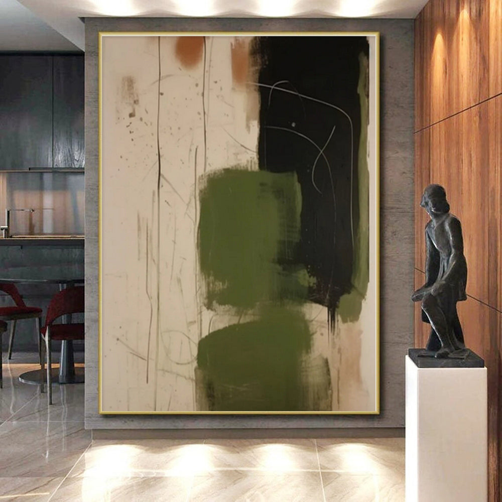 “Green - Black - Beige Expressive Abstraction” - Green, Black, Beige Abstract Painting On Canvas PS0533