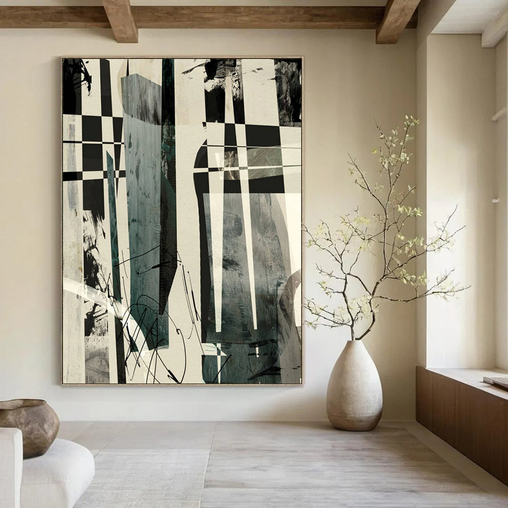 “Checkerboard & Abstract Forms” - Black & White with Dynamic Shapes Painting On Canvas DS218