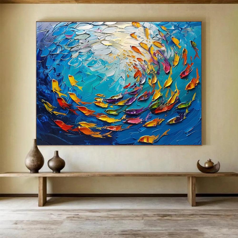 “3D Colorful Fish School” - Textured Underwater Painting On Canvas PT199