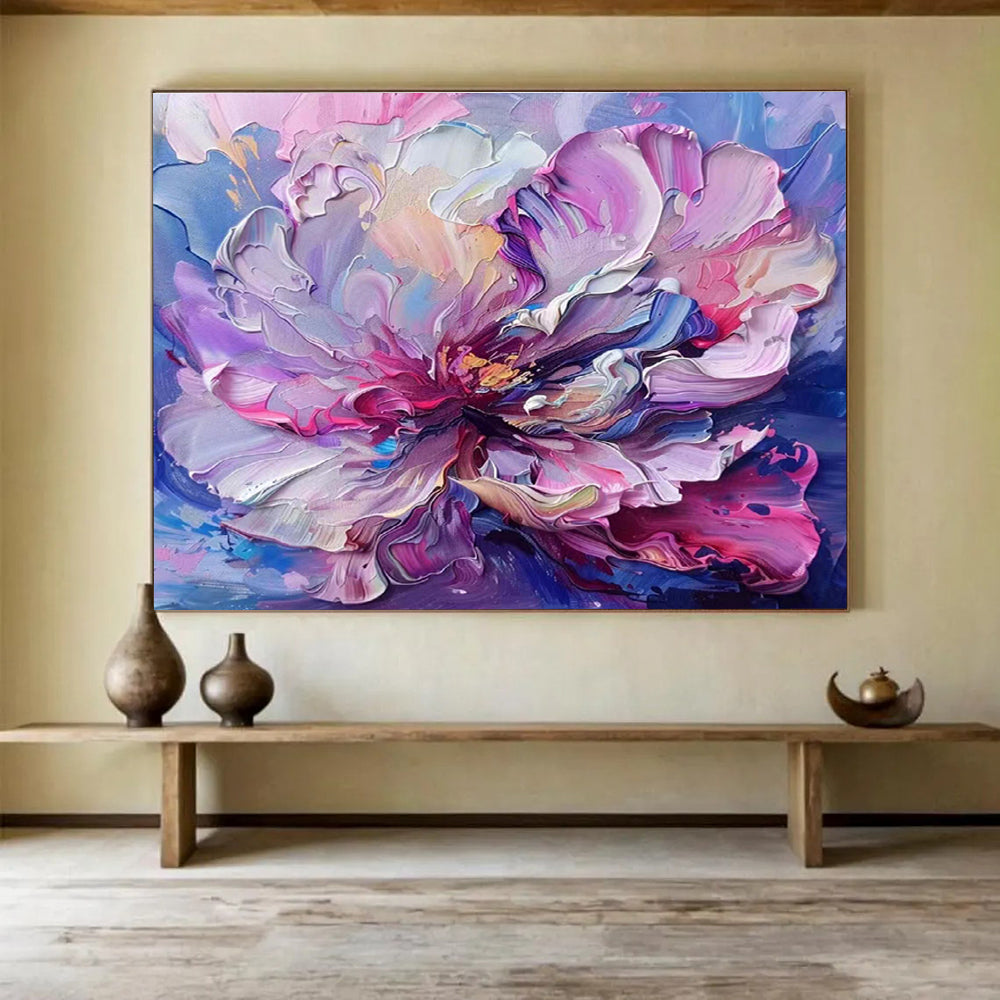 “Vibrant Peony Burst” - Colorful Pink & Purple Floral, Textured Flower Oil Painting On Canvas DKS681