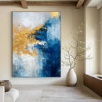 Blue, Gold, Gray, and White Bold, "Luminary Tide" – Abstract Seascape Painting On Canvas PS1009