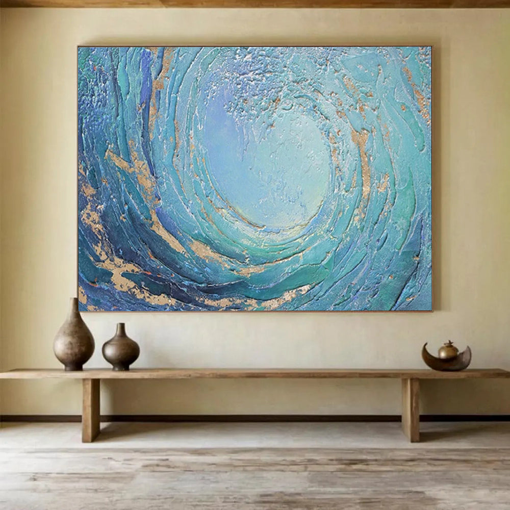 “Blue - Gold Swirl Ocean” - Textured Abstract Painting On Canvas PT254