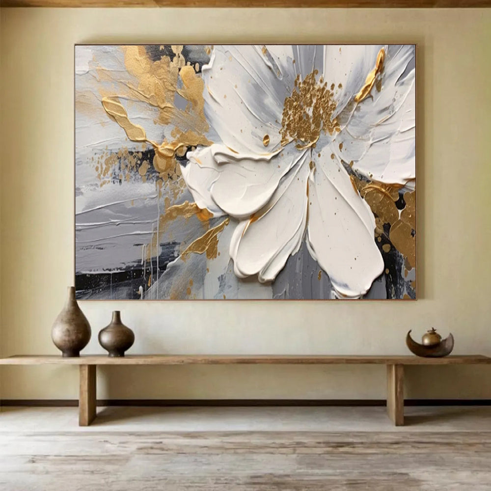 “White Flower & Gold Accents” - Impasto Floral - Painting On Canvas PT1703