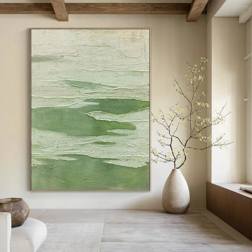 “Textured Green - White Layers” - Impasto Abstract Painting On Canvas PT1217