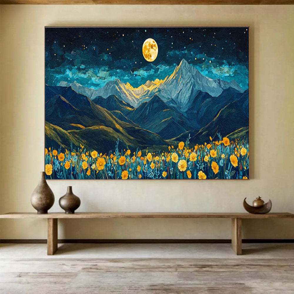 “Moonlit Mountain Blooms” - Blue, Yellow & Gold Landscape, Night Sky Oil Painting On Canvas DKS694