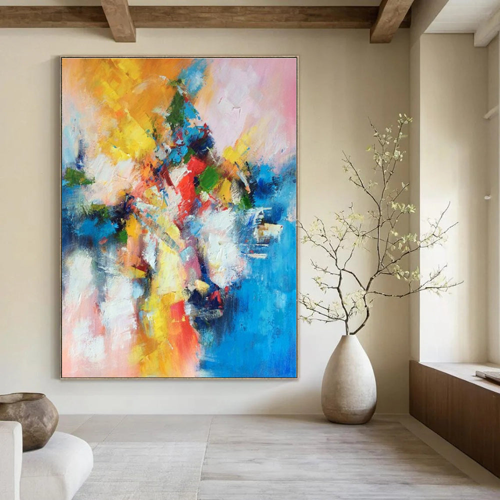 Yellow, Orange, Red, Green, Blue, Pink with Explosive Strokes "Festival Blaze" Abstract Painting On Canvas PS1393