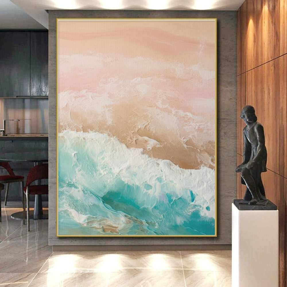 “Pastel Sea Waves” - Pink, Peach, Turquoise, White Abstract Seascape Painting On Canvas PS0751