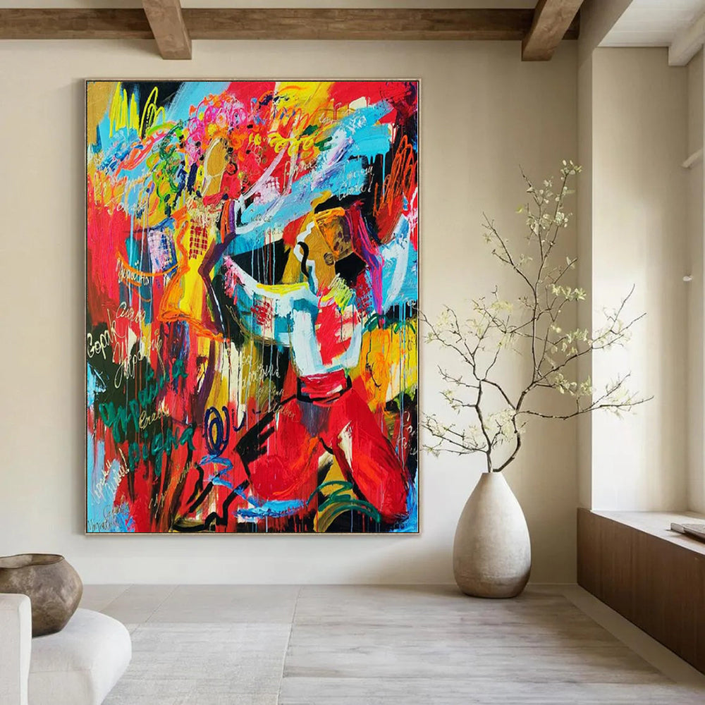 Colorful, Energetic Brushstrokes with Figures "Fiesta Fun" Abstract Expressionist Painting On Canvas PS1192