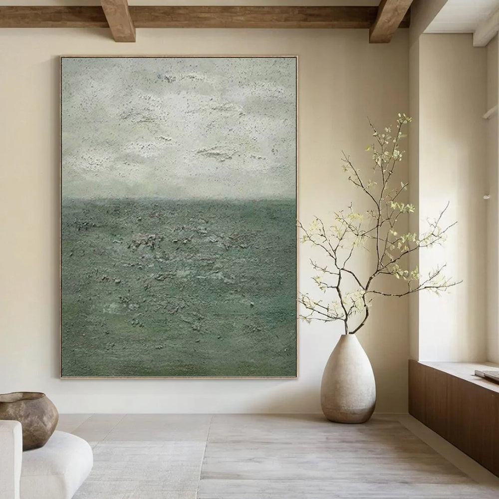 “Textured Green and Gray Seascape” - Seascape, Green - and - Gray Painting On Canvas PT1504