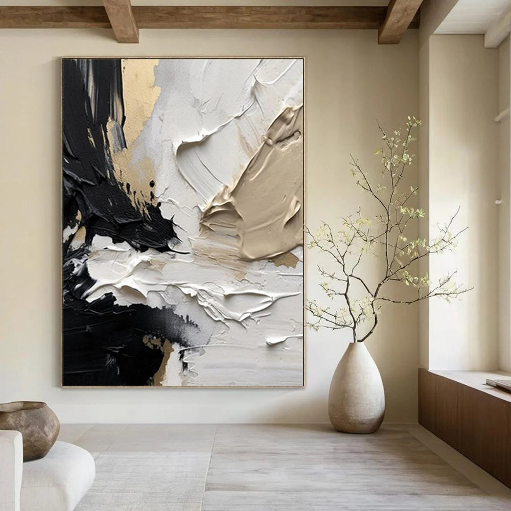 “Black, White & Gold Textured Abstract” - Luxe Abstract Painting On Canvas DS301
