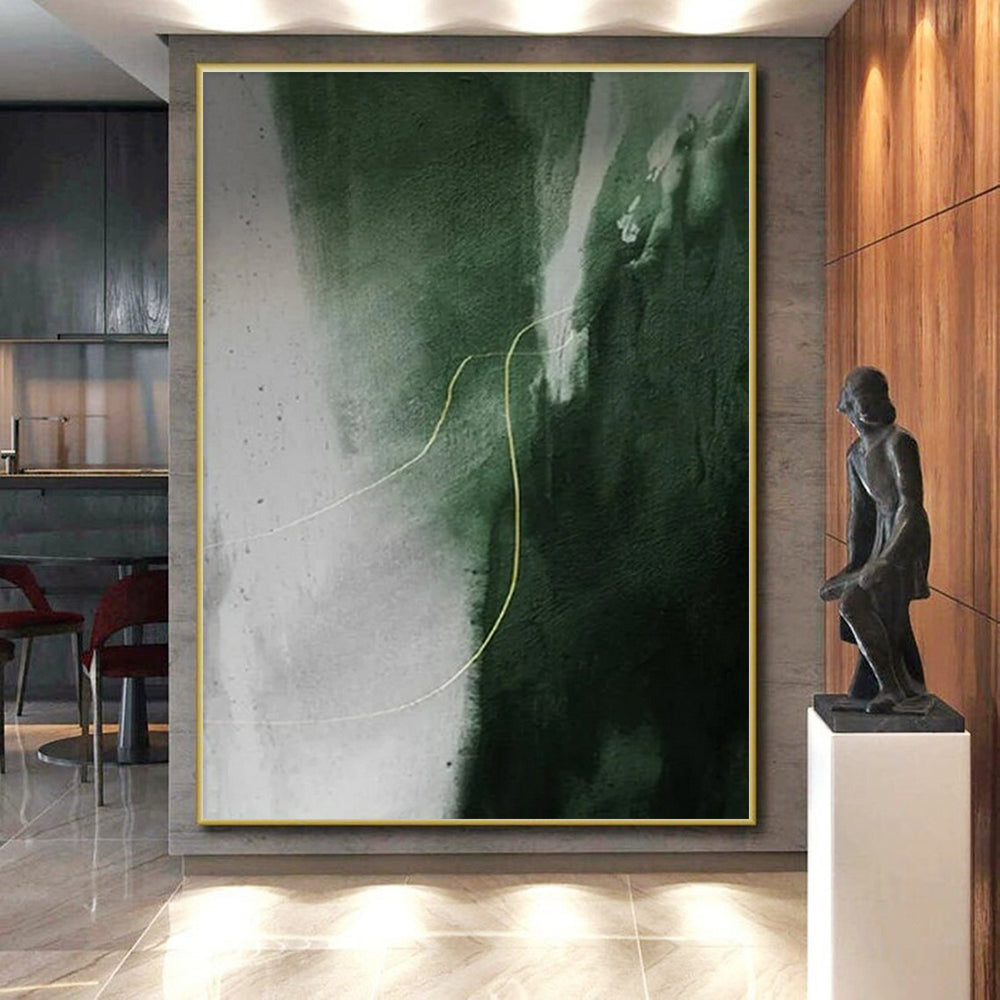 “Green - Yellow Abstract Line” - Green, Gray, Yellow Abstract Minimalist Painting On Canvas PS0649