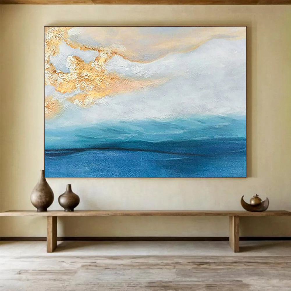 “Gold - Blue Coastal Abstract” - Serene Blends Painting On Canvas PT1521