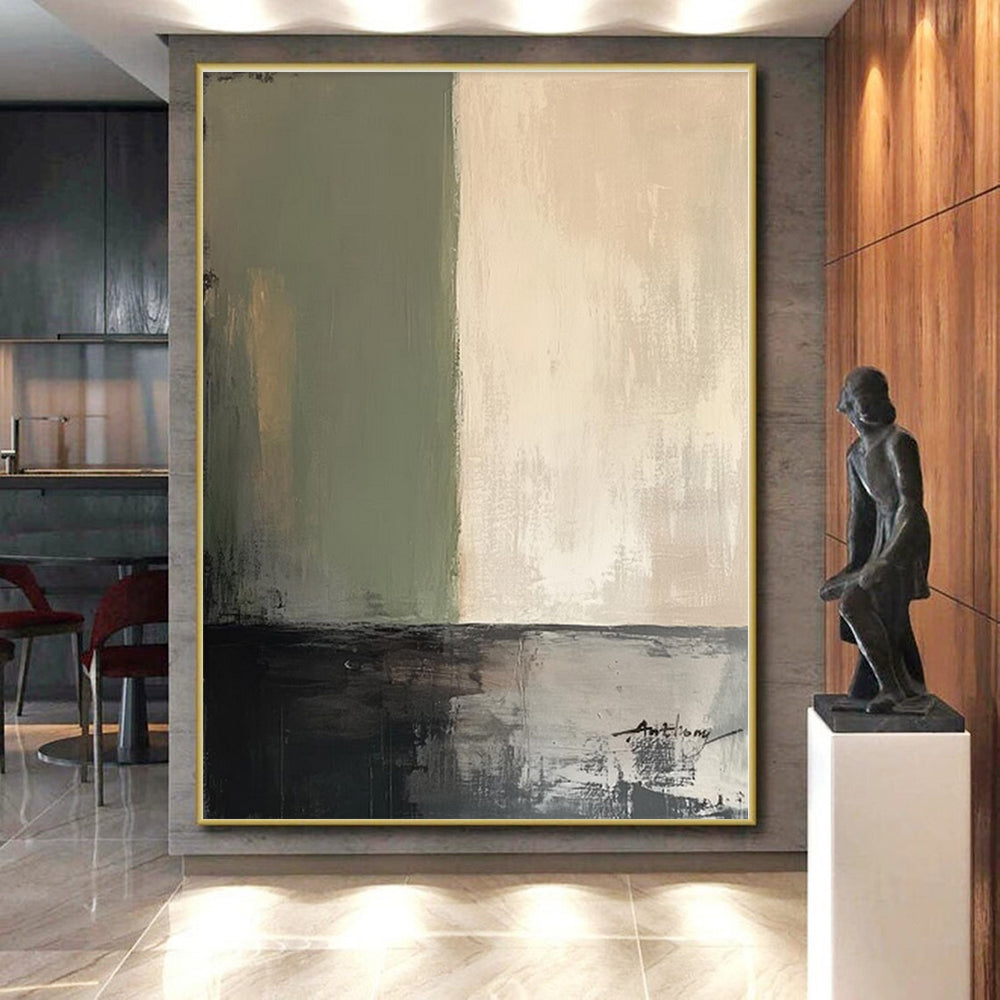 “Green - Beige Minimalist Abstraction” - Green, Beige, Gray Abstract Painting On Canvas PS0487