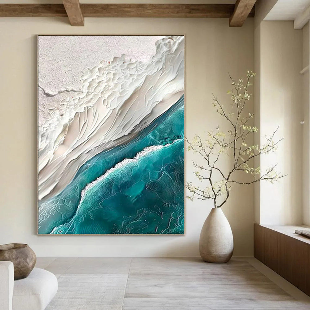 “White - Teal Textured Coast” - Impressionist - Inspired Seascape Painting On Canvas PT1394