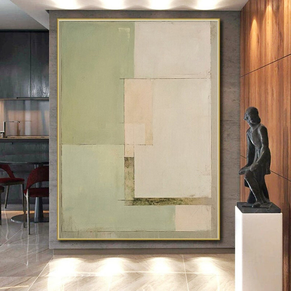 “Soft Green Blocks” - Light Green, Beige Abstract Minimalist Painting On Canvas PS0398