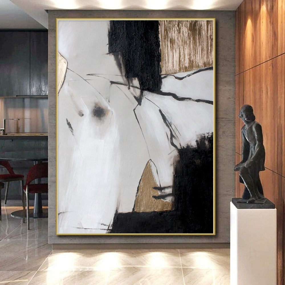 “Monochrome Abstract with Gold Accents” - Minimalist Abstract Painting On Canvas PS0255