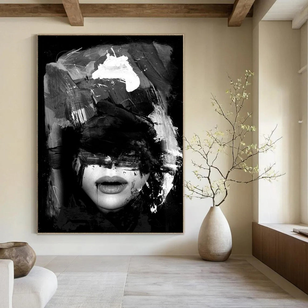 “Black & White Abstract Portrait” - Expressive Brushstrokes on a Face Painting On Canvas DS232