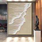 “Sandy Beach Waves” - Beige, White Abstract Seascape Painting On Canvas PS0662