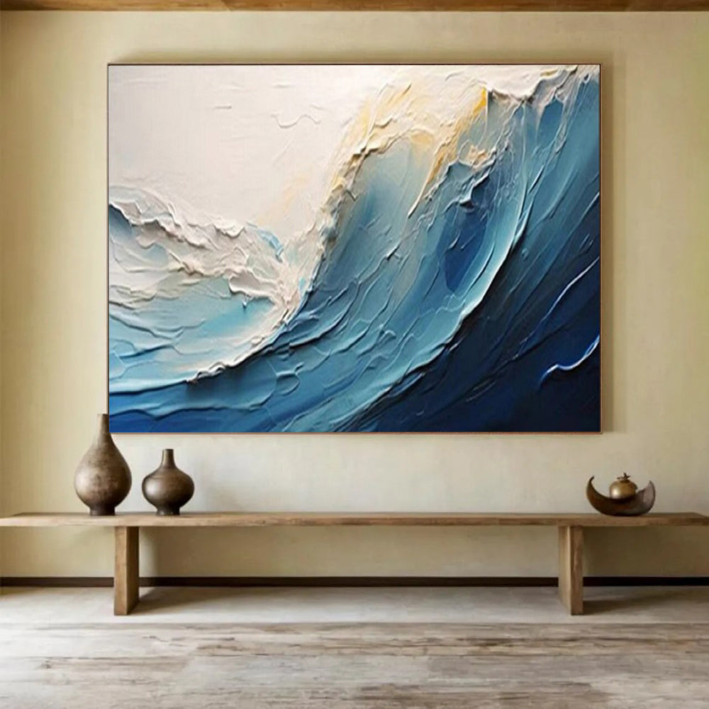 “Textured Blue - White Ocean Wave” - Impasto Seaside Painting On Canvas PT1558