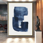 “Indigo Brushstroke Monogram” - Indigo, White Abstract Calligraphic Painting On Canvas PS0749