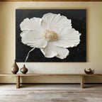 “Textured White Flower on Black” - Impasto Floral Painting On Canvas PT091