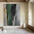 “Green, Black, Gold, and Grey: Abstract Vertical Forms” - Minimalist Abstract Painting On Canvas PT0932