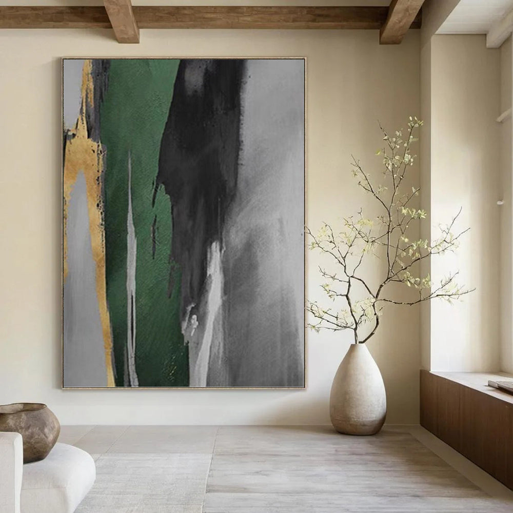 “Green, Black, Gold, and Grey: Abstract Vertical Forms” - Minimalist Abstract Painting On Canvas PT0932