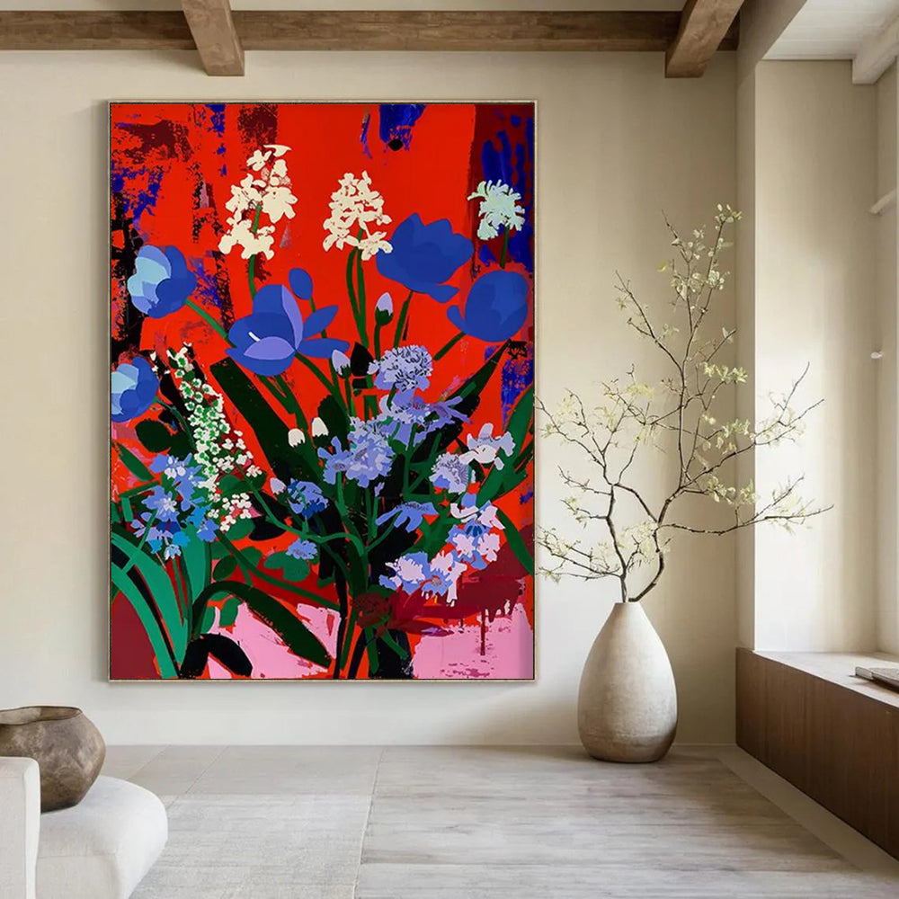 Vibrant Blooms: Blue Flowers on Red Painting On Canvas DS101