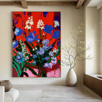 Vibrant Blooms: Blue Flowers on Red Painting On Canvas DS101
