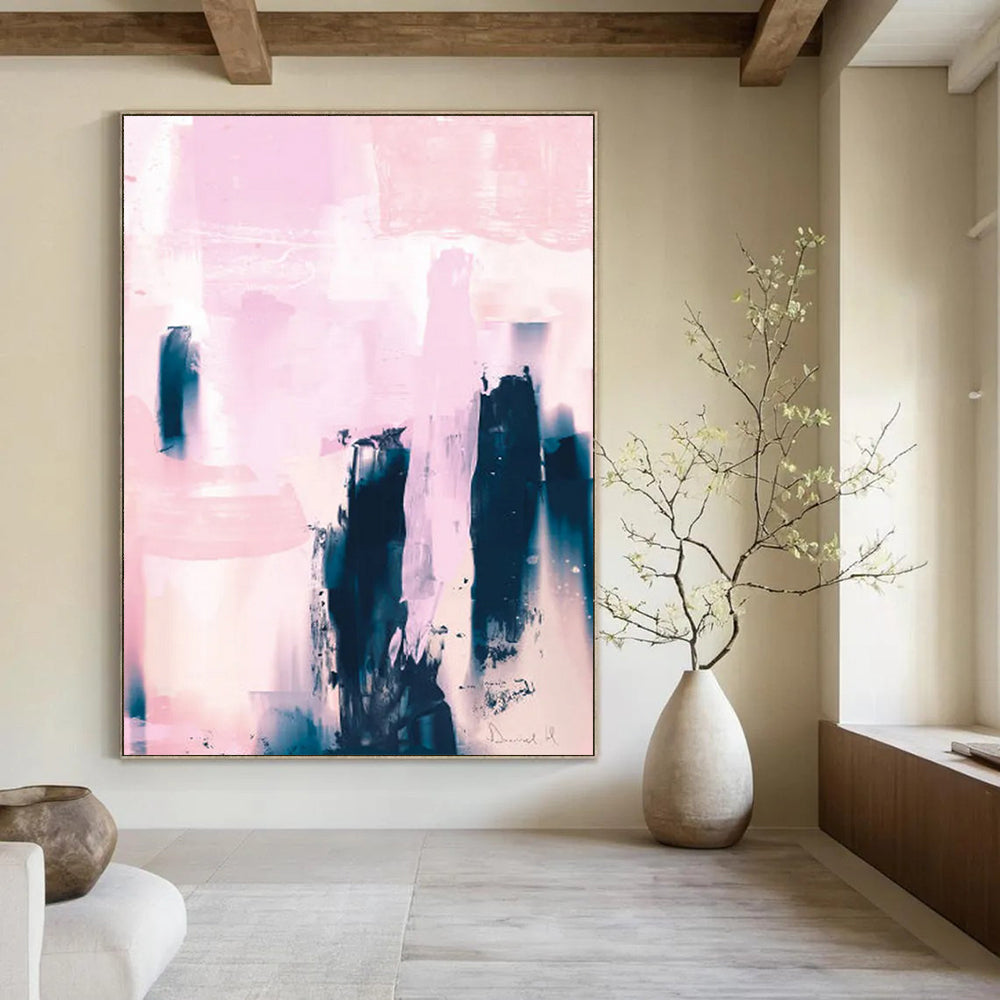 “Pink & Indigo Abstract Towers” - Soft Hues & Bold Forms Painting On Canvas DS179
