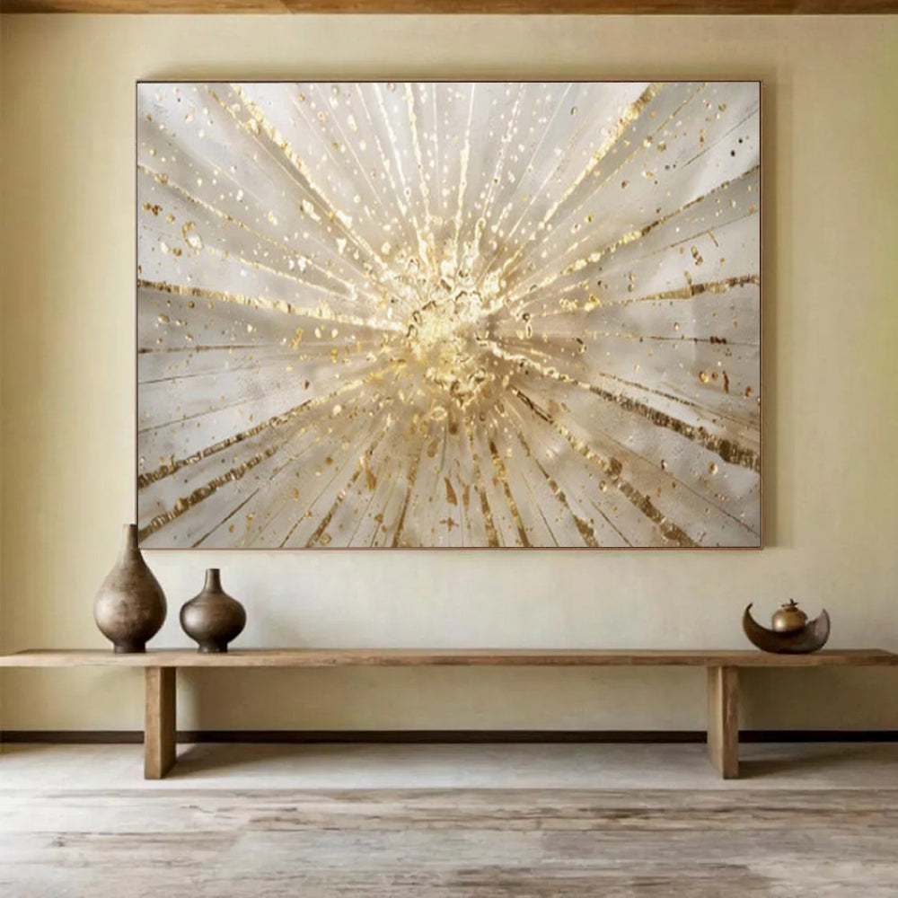 “Gold - White Burst” - Radiant Gold “Solar Flare” Painting On Canvas PT1615