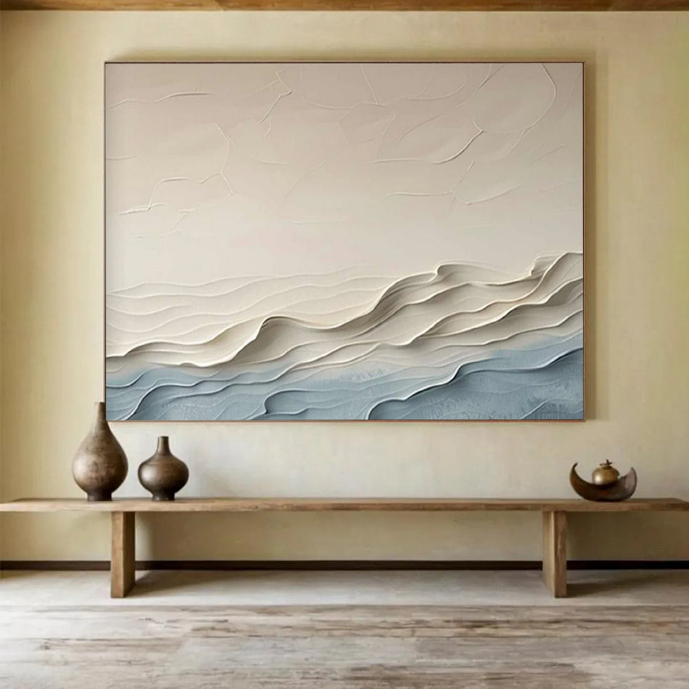 “Beige & Blue Textured Waves” - 3D Abstract Landscape Painting On Canvas PT251