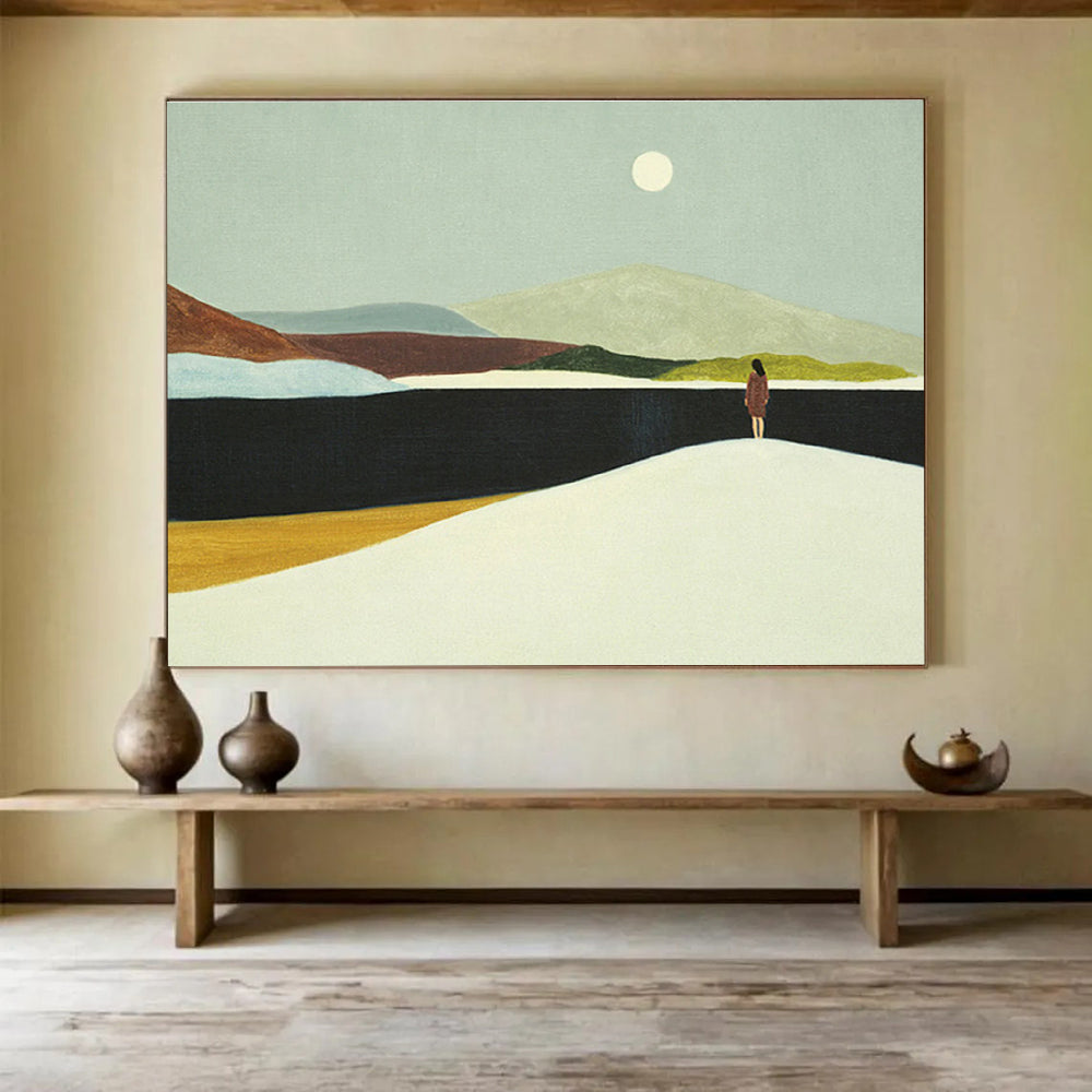 “Moonlit Lake Contemplation” - Blue, Green & Brown Landscape, Minimalist Oil Painting On Canvas DKS739